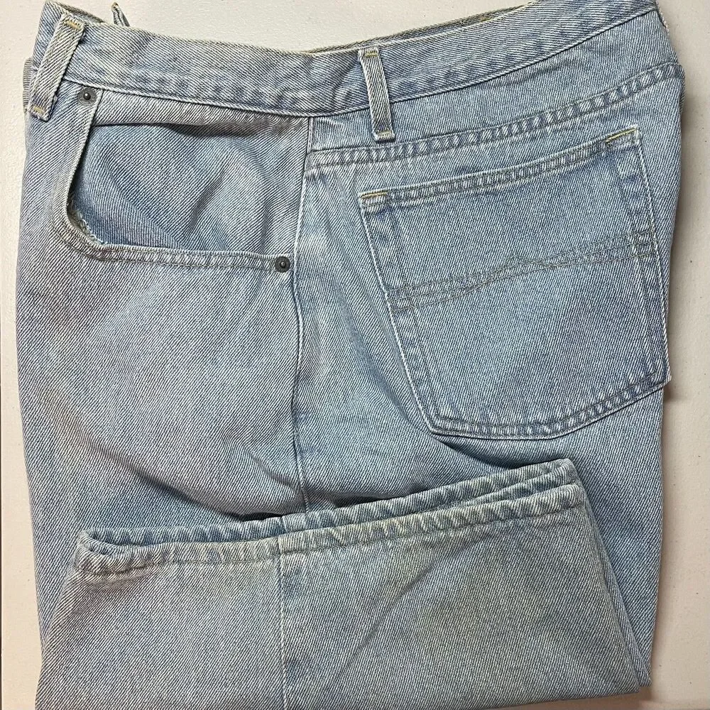 Vintage 90s Bugle Boy 750 Denim Jean Shorts Blue Light Wash Mens Size 38 Stained